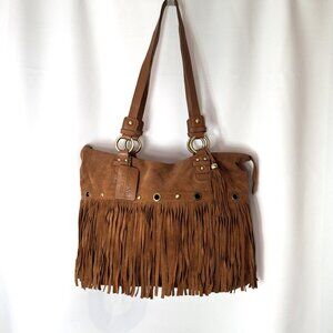 Vintage "Dolce Vita" Fringe Studs Grommet Suede Leather Brown Shoulder Bag